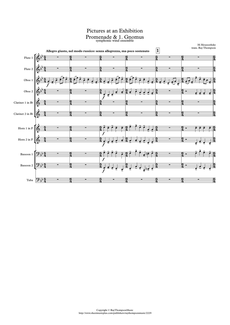 Mussorgsky: Pictures at an Exhibition Promenade & No. 1.Gnomus - symphonic wind ensemble Large Ensemble scores gallery preview page 1