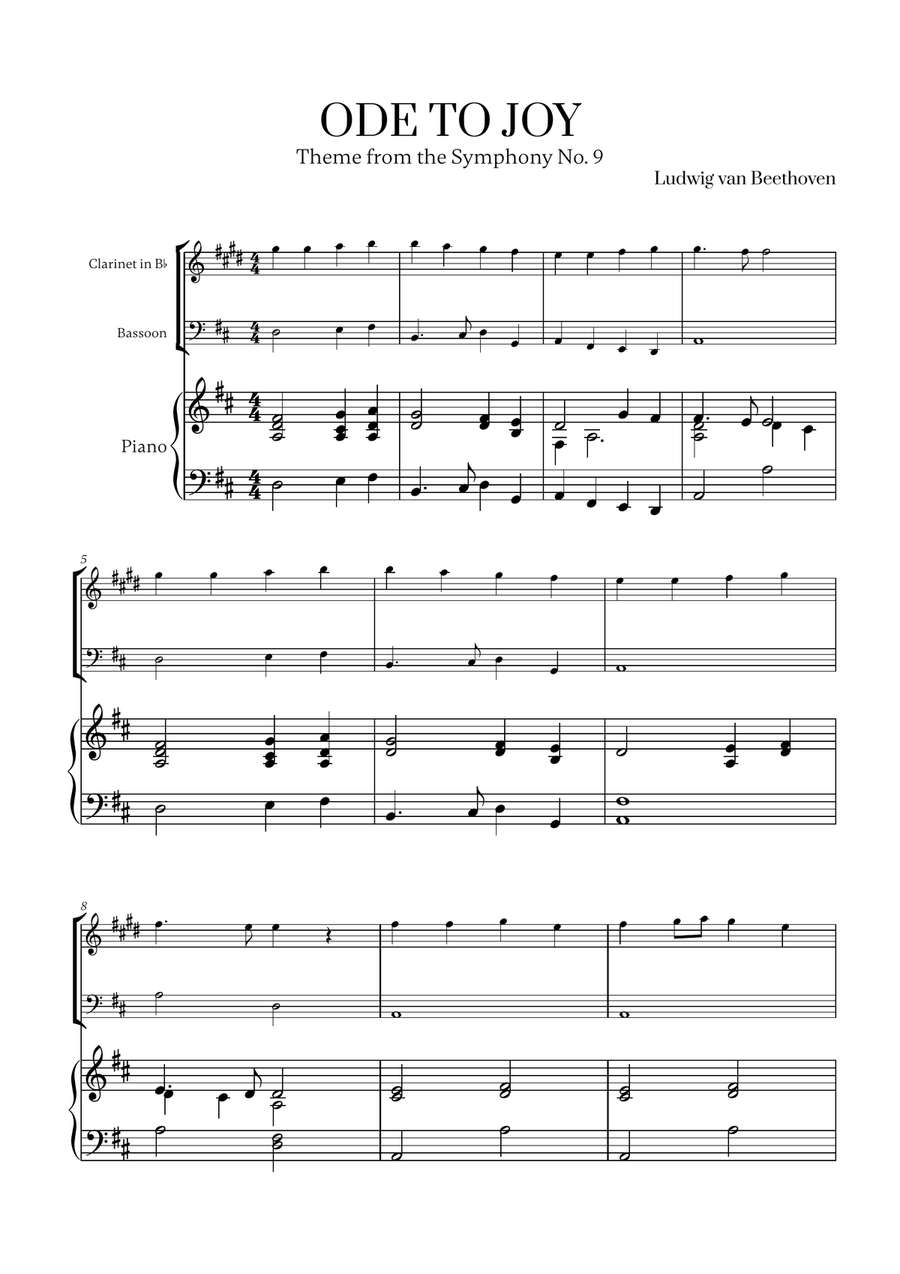 L. v. Beethoven - Ode to Joy (from Symphony No. 9) for Clarinet, Bassoon and Piano Woodwind Duet scores gallery preview page 1