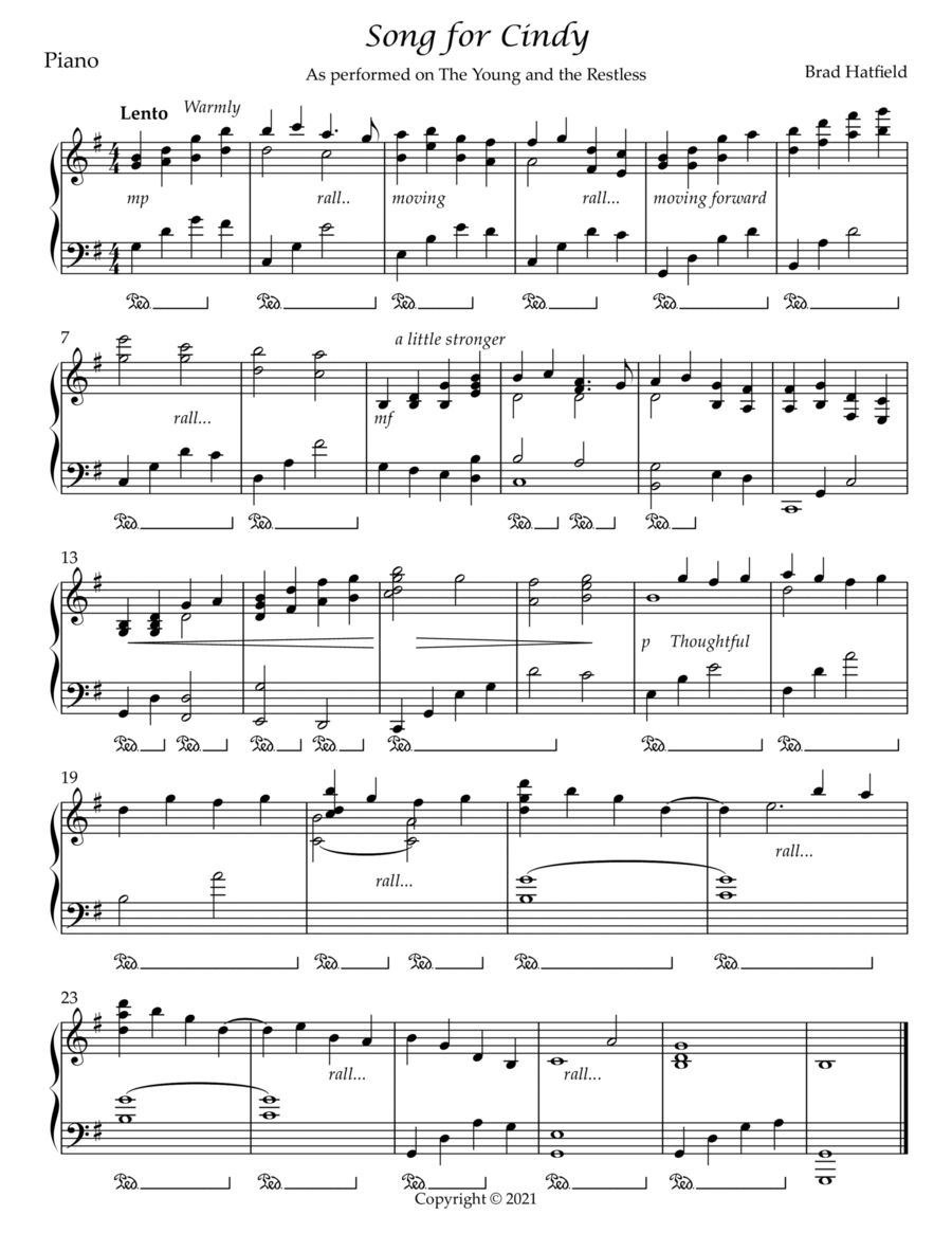 Song for Cindy (As heard on The Young and the Restless) Piano Solo scores gallery preview page 1
