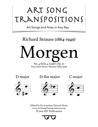 Book cover for STRAUSS: Morgen, Op. 27 no. 4 (transposed to D major, D-flat major, and C major)