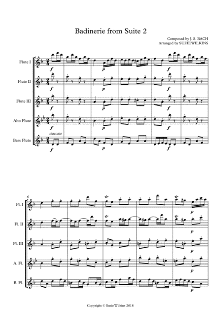 Badinerie from Bach's Orchestral Suite No. 2 for Flute Choir or Flute Quintet Woodwind Quintet scores gallery preview page 2