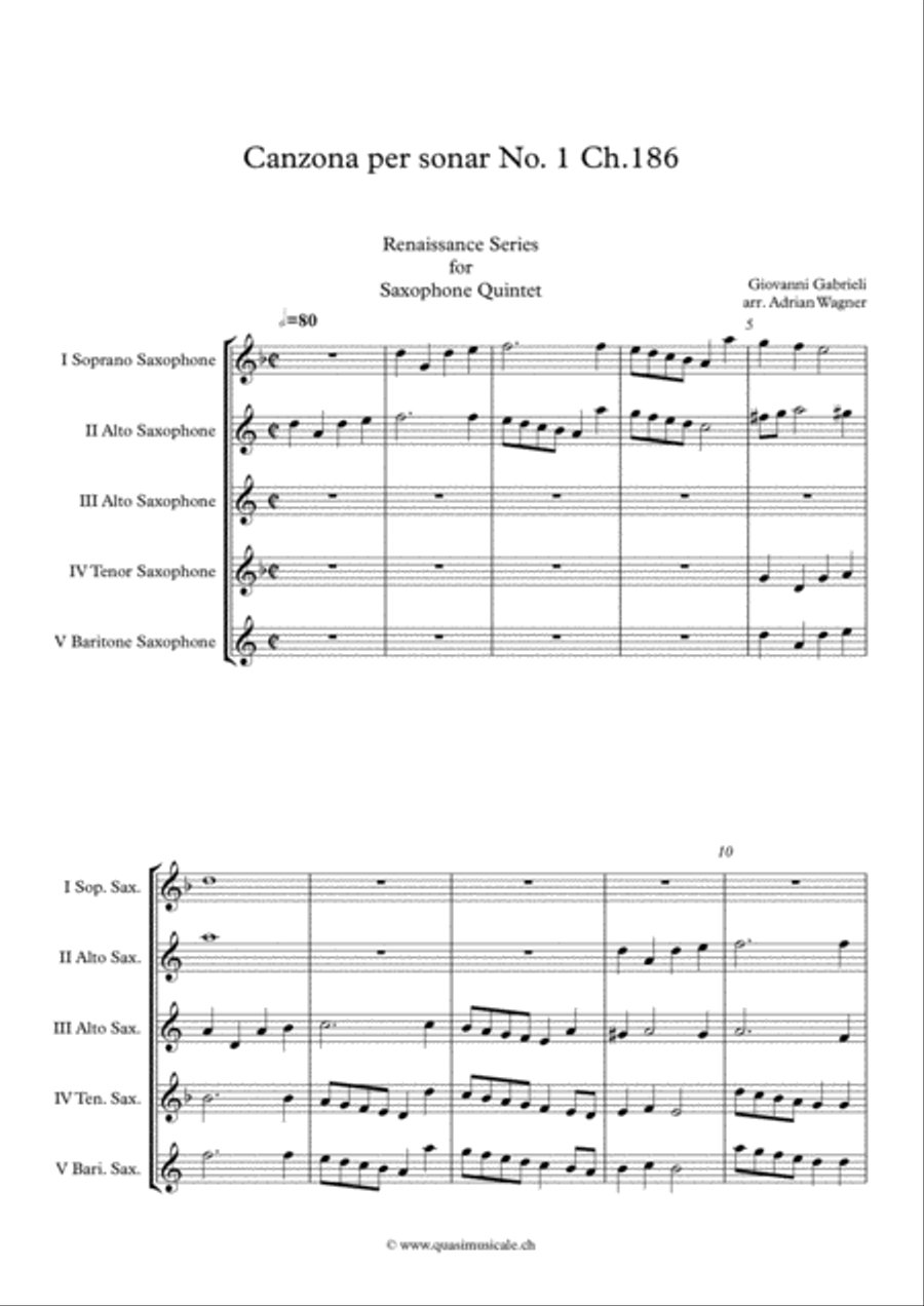 Canzona per sonar No 1 Ch.186 (Giovanni Gabrieli) Saxophone Quintet arr. Adrian Wagner Saxophone Quintet scores gallery preview page 2
