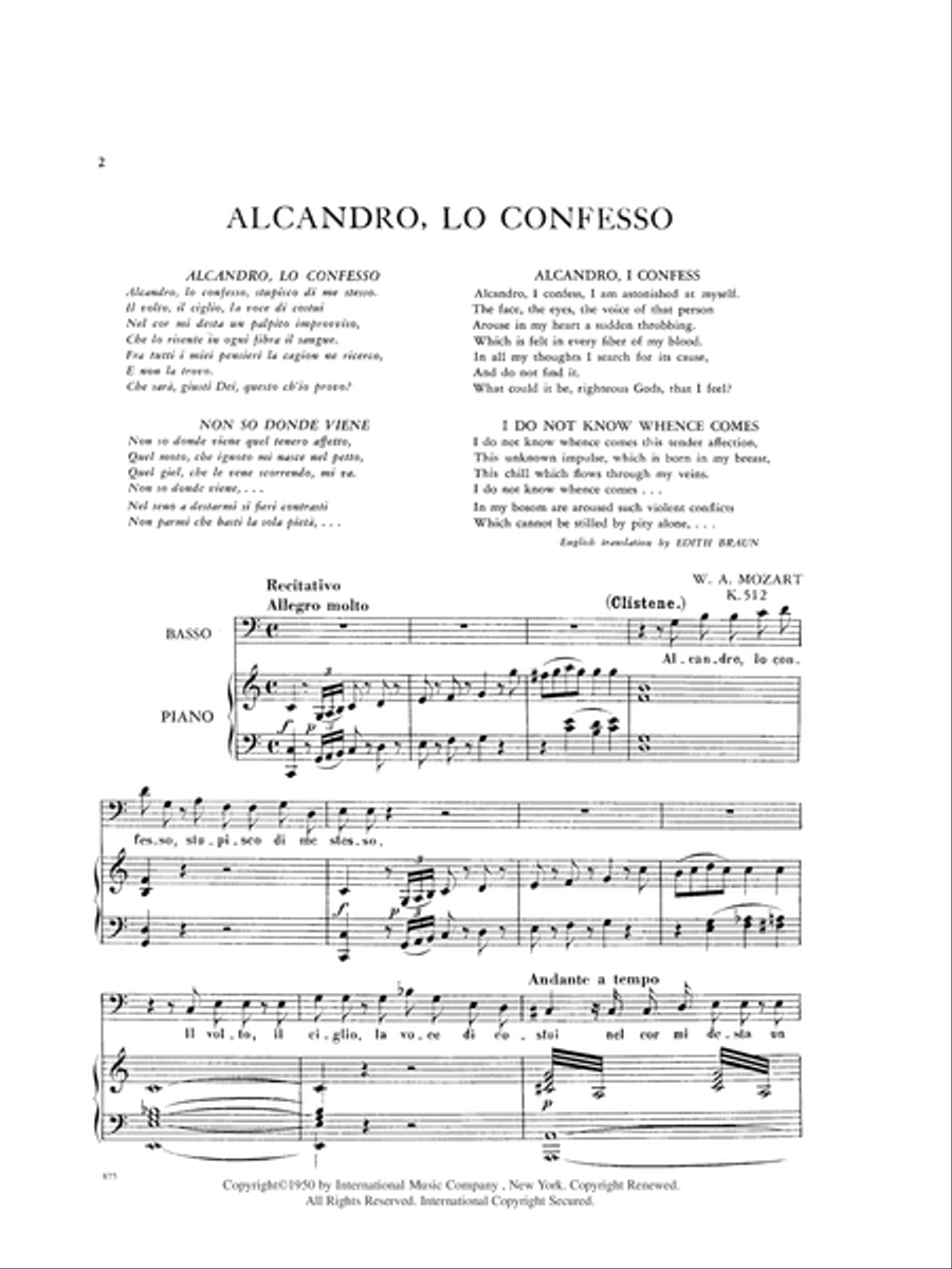 Alcandro, Lo Confesso (I. & E.), K. 512 - Un Bacio Di Mano, K. 541 (See Seven Concert Arias)