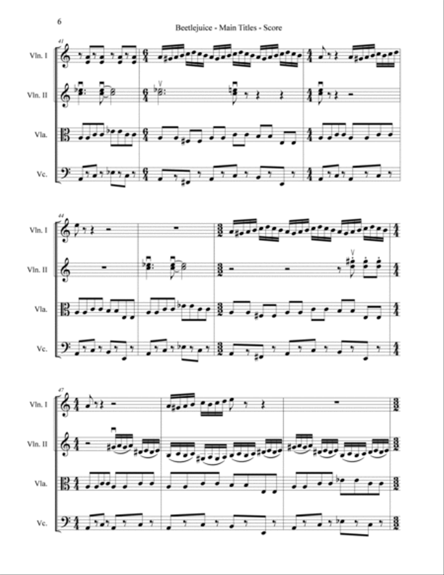 Beetlejuice (main Theme) String Quartet scores gallery preview page 6