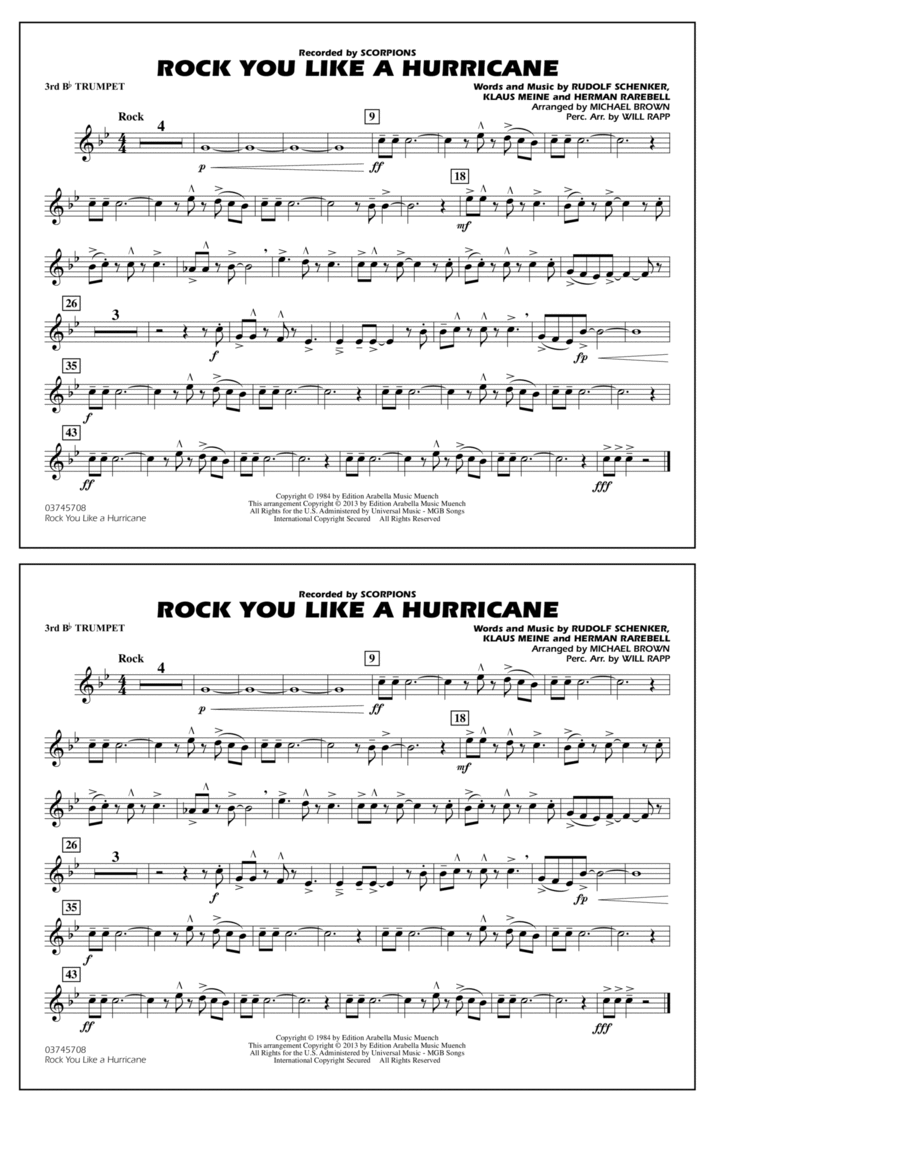 Rock You Like a Hurricane - 3rd Bb Trumpet Marching Band scores gallery preview page 1