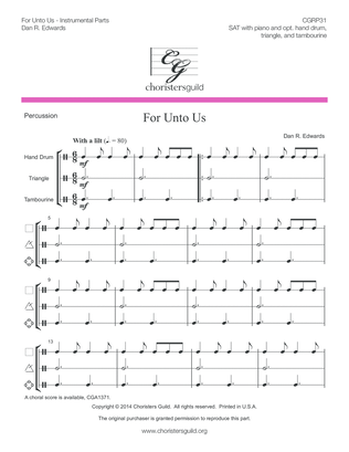 Book cover for For Unto Us - Reproducible Instrumental Parts