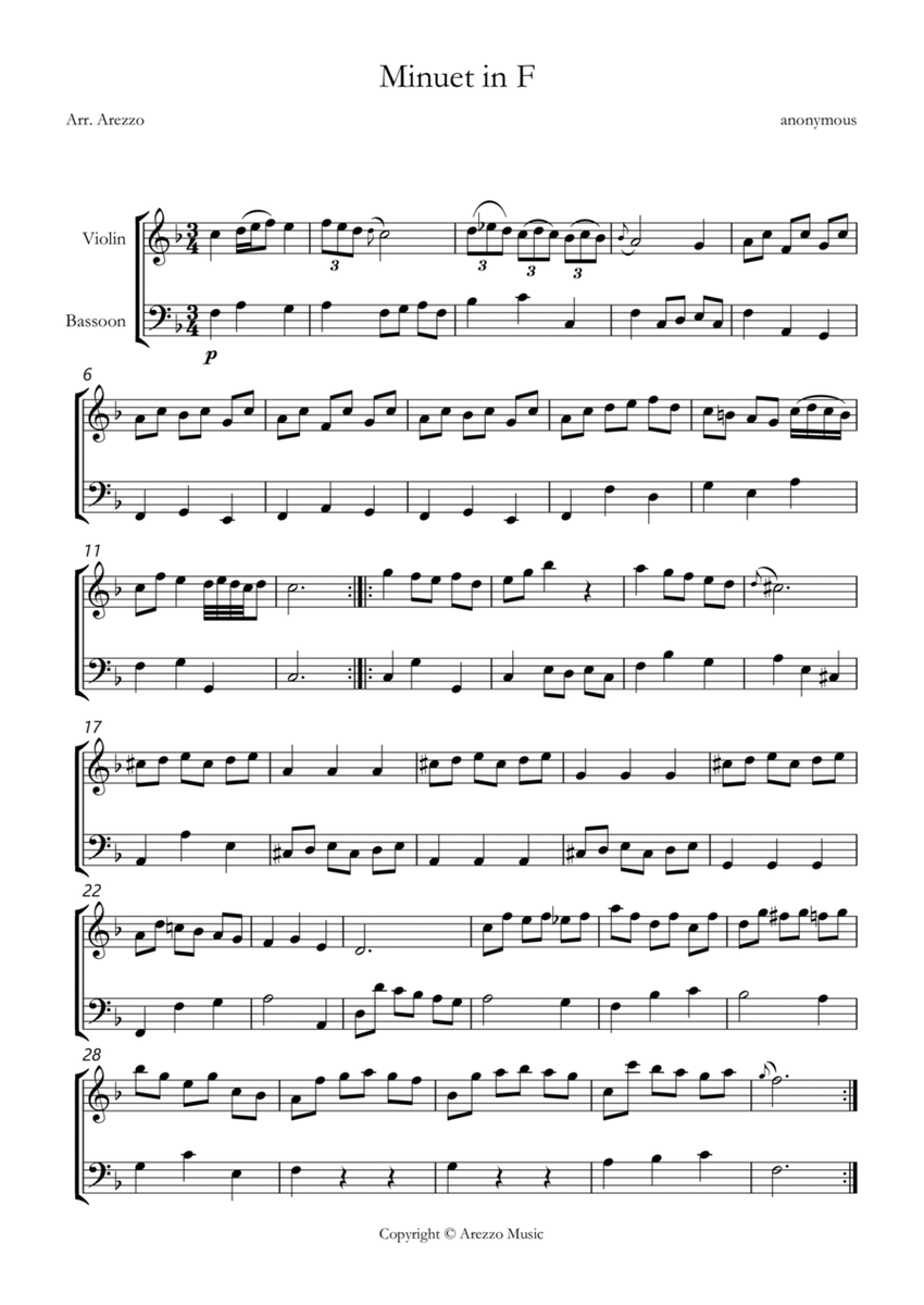 bwv anh 113 minuet in f violin and bassoon sheet music image number null