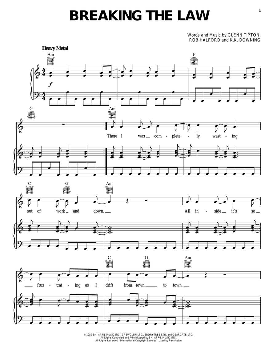 Breaking The Law Breaking The Law Piano, Vocal, Guitar scores gallery preview page 1
