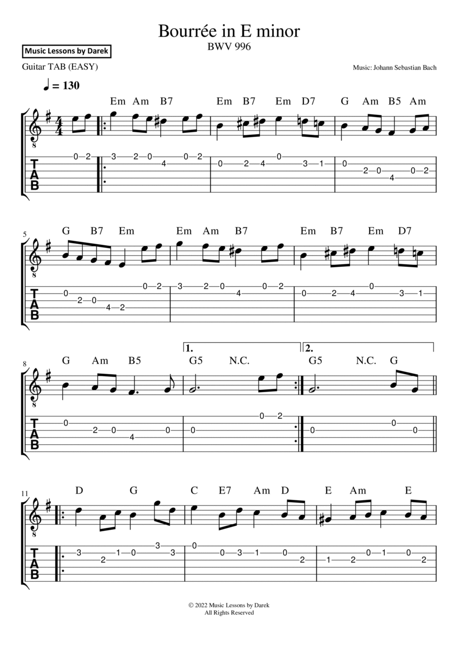 Bourrée in E minor (GUITAR TAB) BWV 996 [Johann Sebastian Bach] Acoustic Guitar scores gallery preview page 1