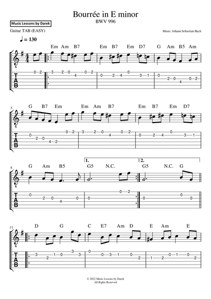 Bourrée in E minor (GUITAR TAB) BWV 996 [Johann Sebastian Bach] image number null