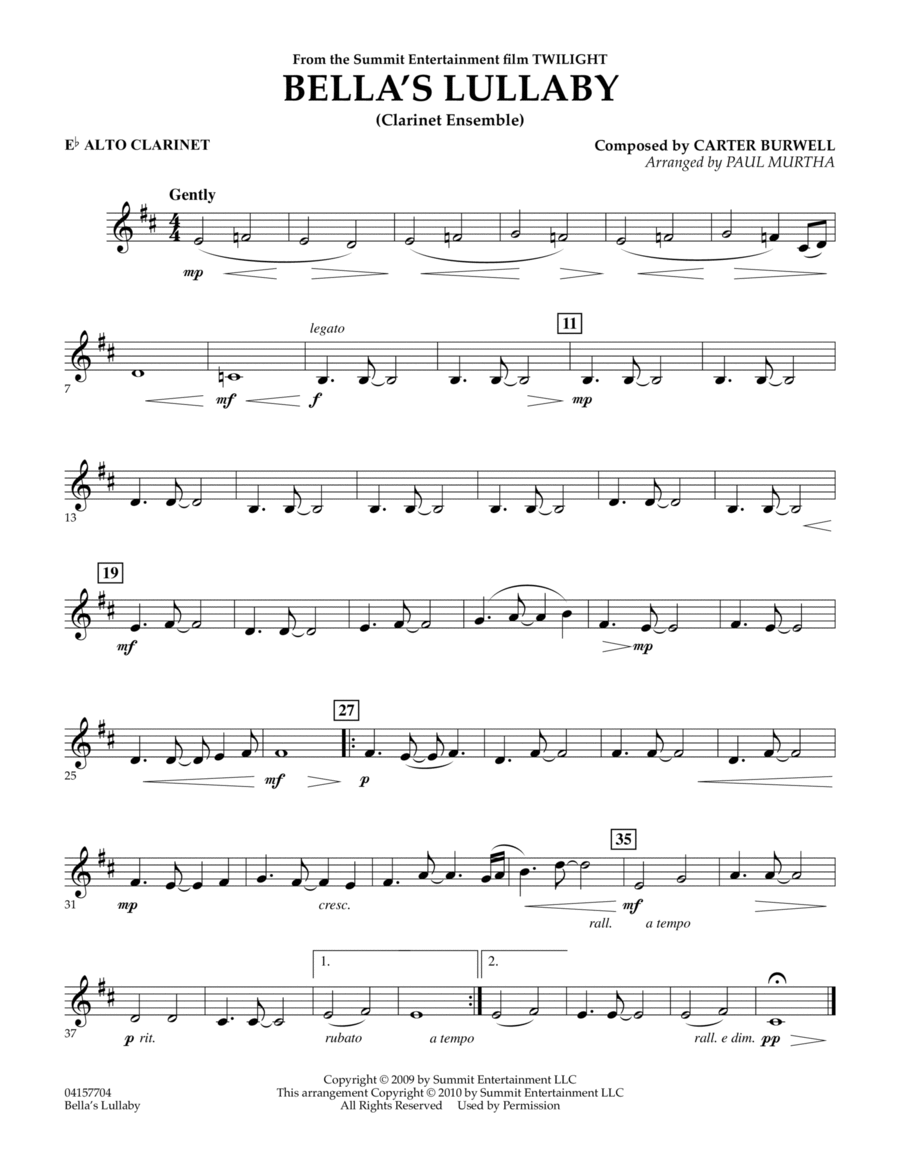 Bella's Lullaby (Clarinet Ensemble with Opt. Rhythm Section) - Eb Alto Clarinet