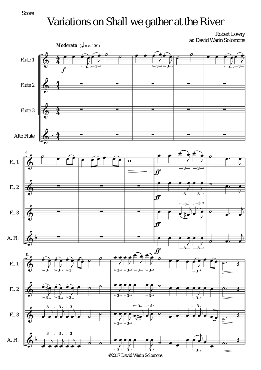 Variations on Shall we gather at the river for flute quartet (3 flutes and 1 alto flute) Flute Quartet scores gallery preview page 1
