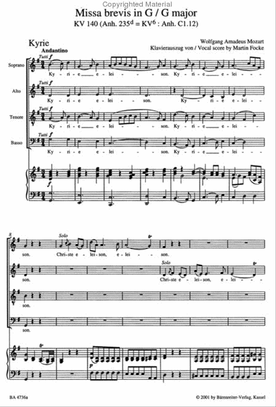 Missa brevis G major, KV 140 (Anh. 235d) 4-Part scores gallery preview page 2