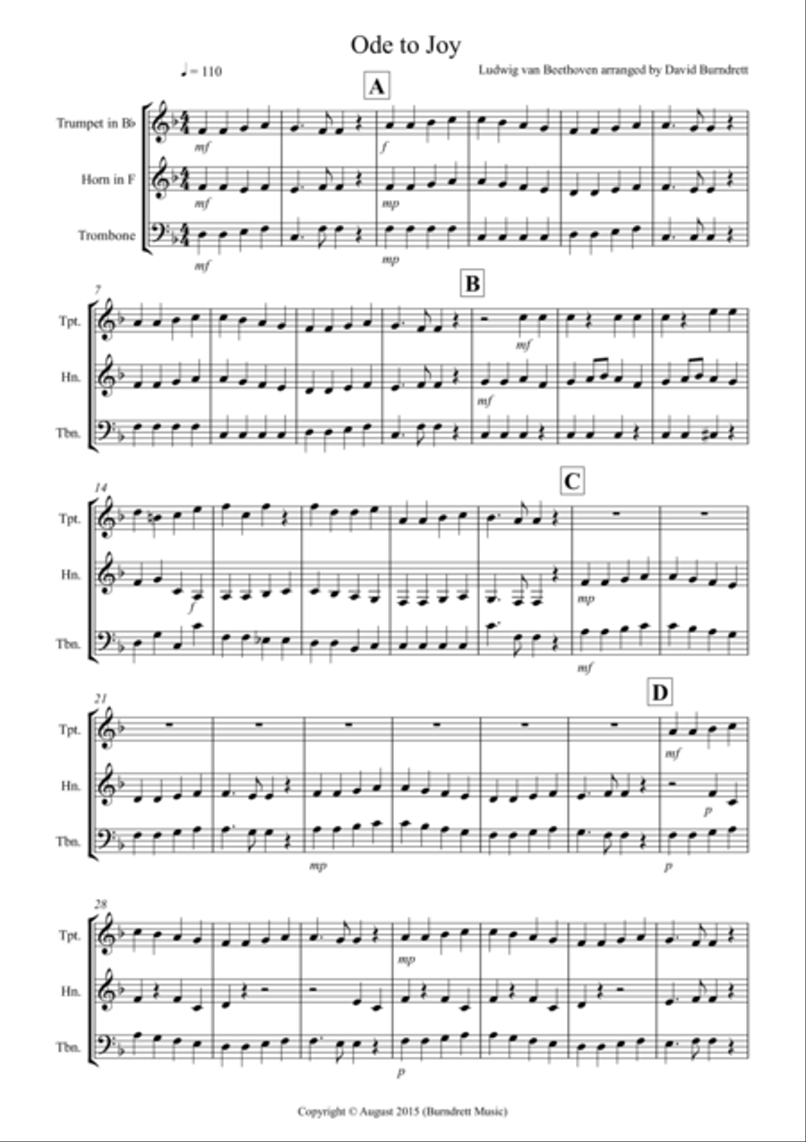 Ode to Joy for Brass Trio Brass Trio scores gallery preview page 1