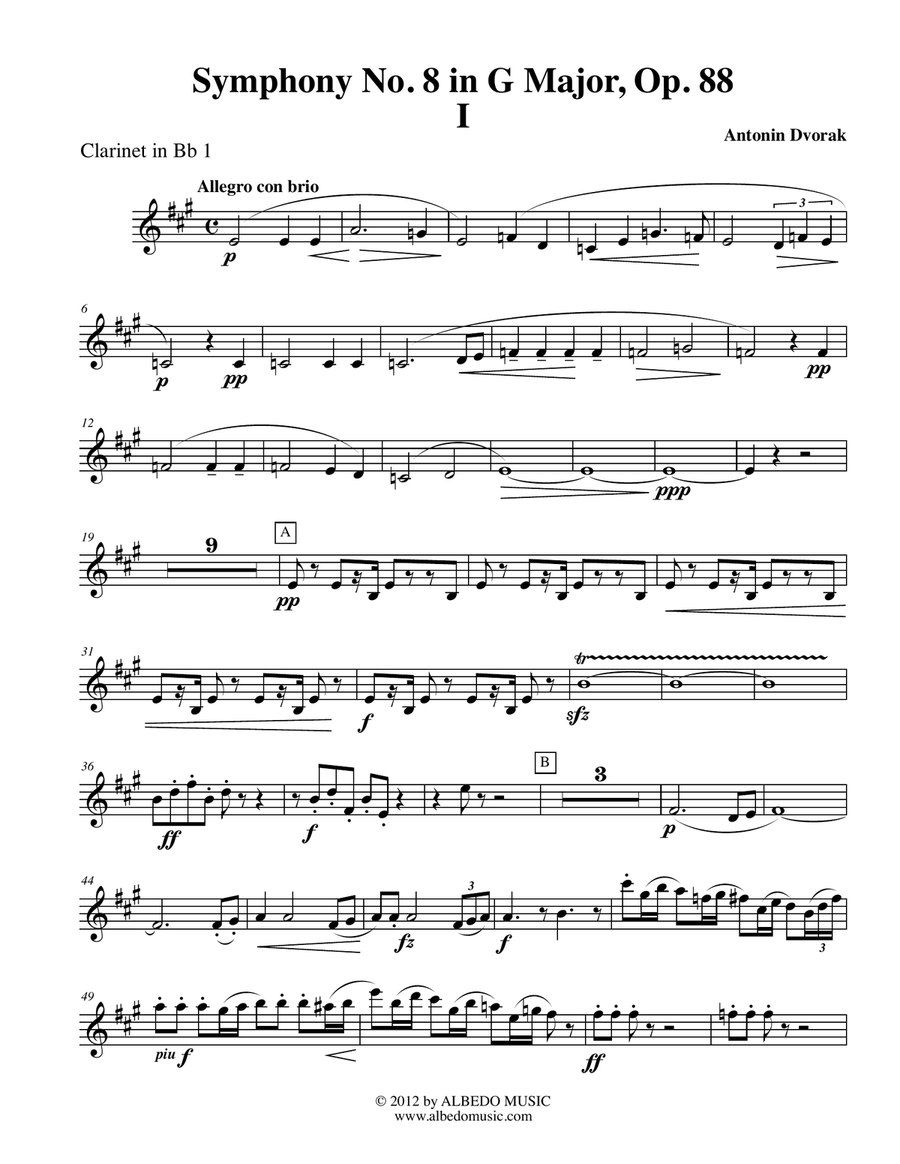 Dvorak Symphony No. 8, Movement I - Clarinet in Bb 1 (Transposed Part), Op. 88 B-Flat Clarinet scores gallery preview page 1