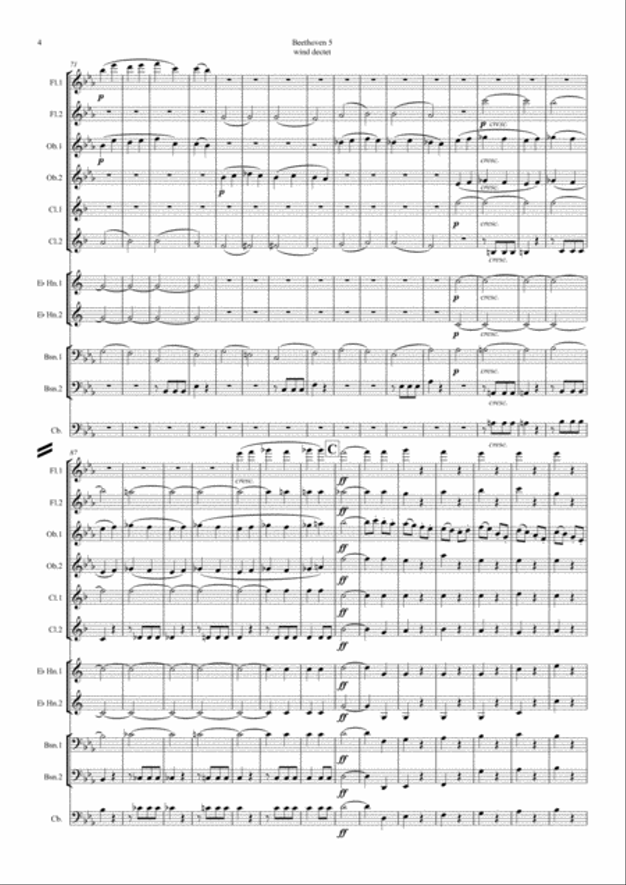 Beethoven: Symphony No.5 Op.67 Mvt.I - wind dectet (and opt. double bass) Double Bass scores gallery preview page 4