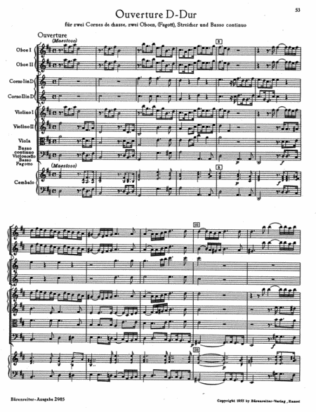 Ouverture fur zwei Cornes de chasse, zwei Oboen (Fagotte), Streicher und Basso continuo D major TWV 55:D21