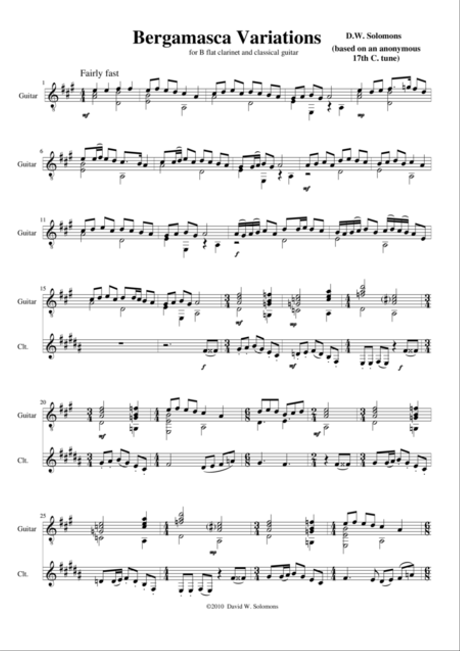 Bergamasca Variations for clarinet and guitar Clarinet scores gallery preview page 1