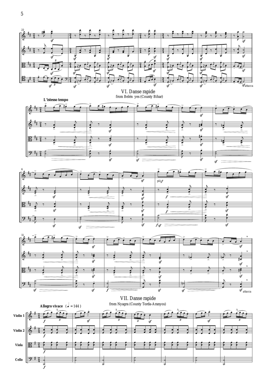 Bartok Rumanian Folk Dances, for string quartet, CB601 String Quartet scores gallery preview page 5