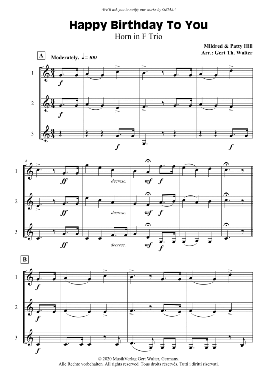 Happy Birthday To You Horn scores gallery preview page 1