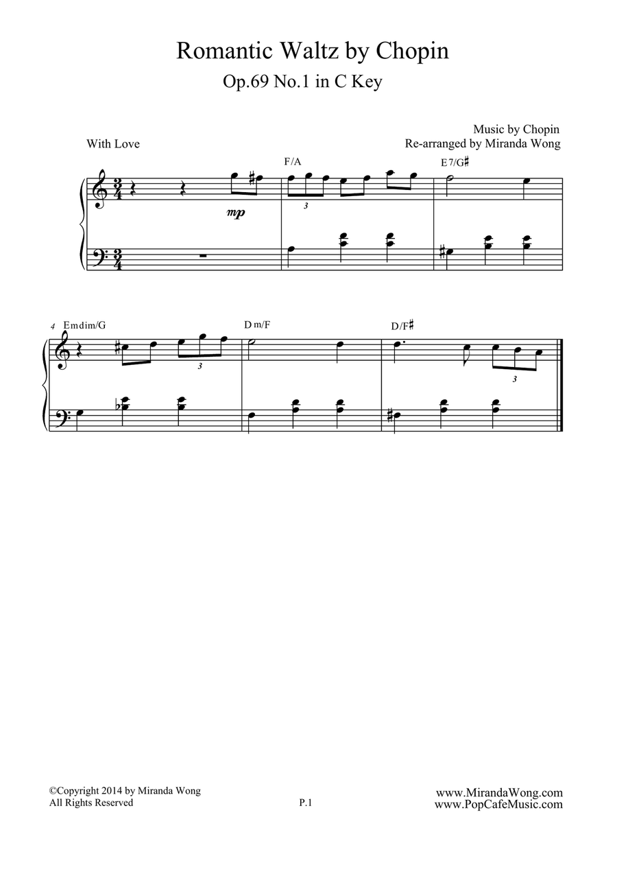 Romantic Waltz Op.69 No.1 in C Key - Chopin (Easy Piano Version) Easy Piano scores gallery preview page 1