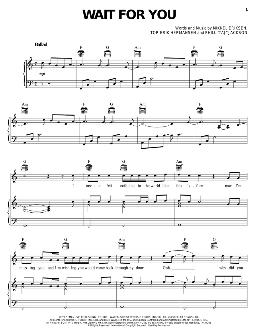 Wait For You Piano, Vocal, Guitar scores gallery preview page 1