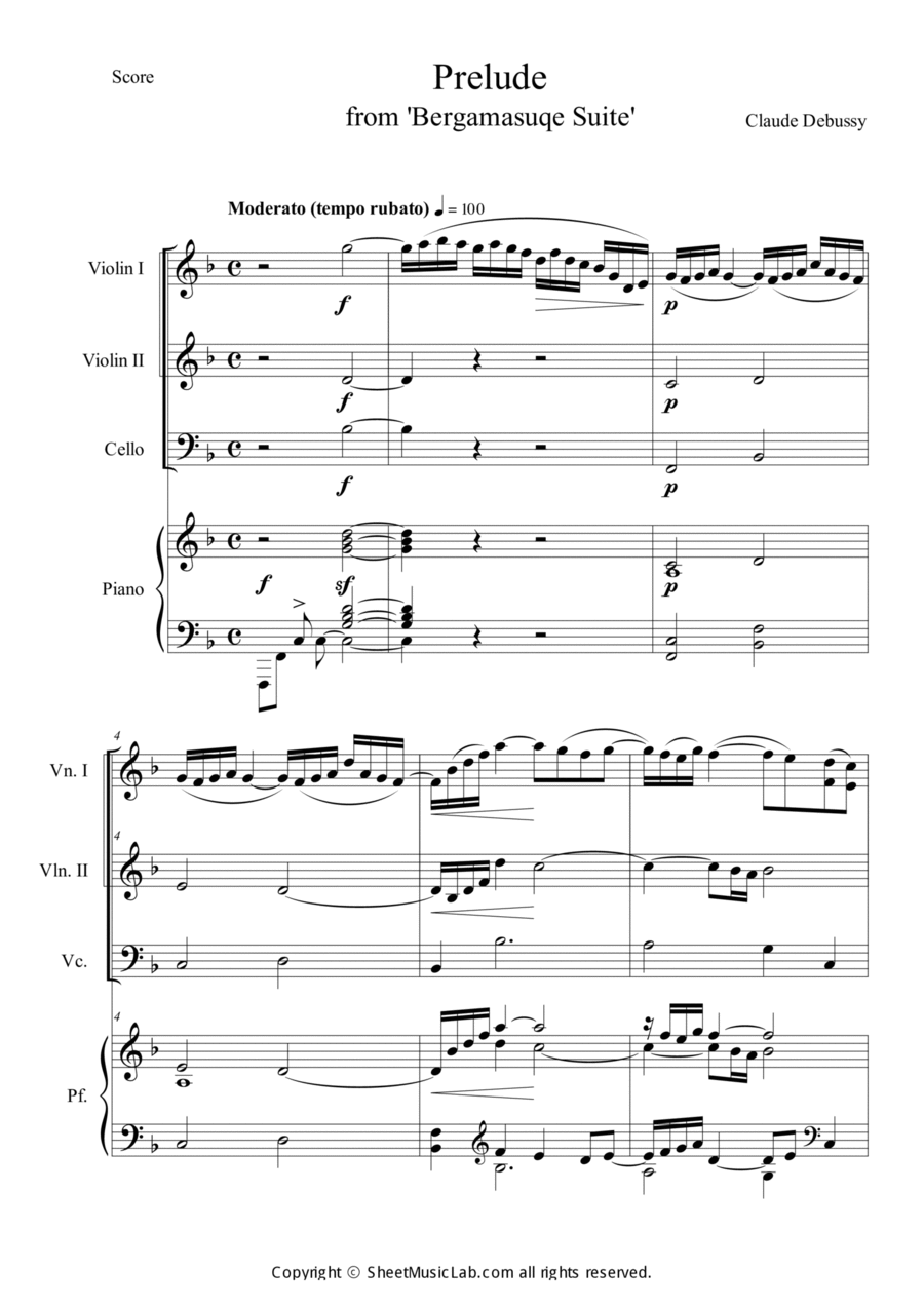 Prelude from Bergamasuqe Suite Piano Quartet scores gallery preview page 1