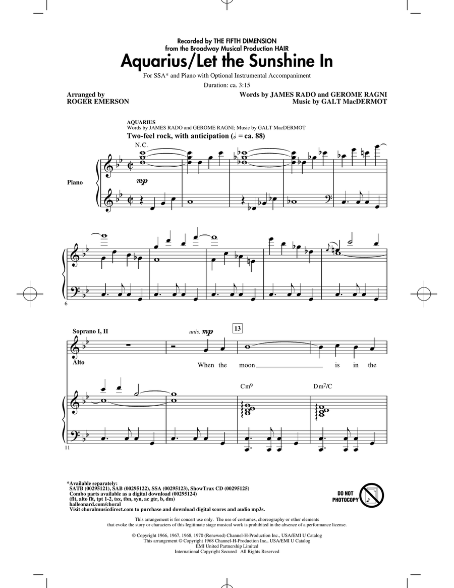 Aquarius / Let the Sunshine In (from the musical Hair) (arr. Roger Emerson) SSA scores gallery preview page 1