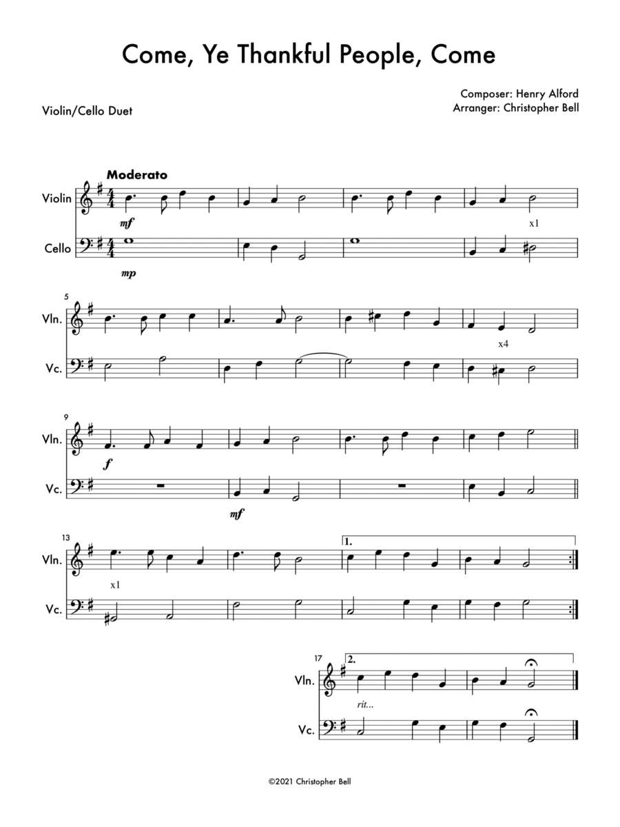 Come, Ye Thankful People, Come - Violin/Cello Duet String Duet scores gallery preview page 1