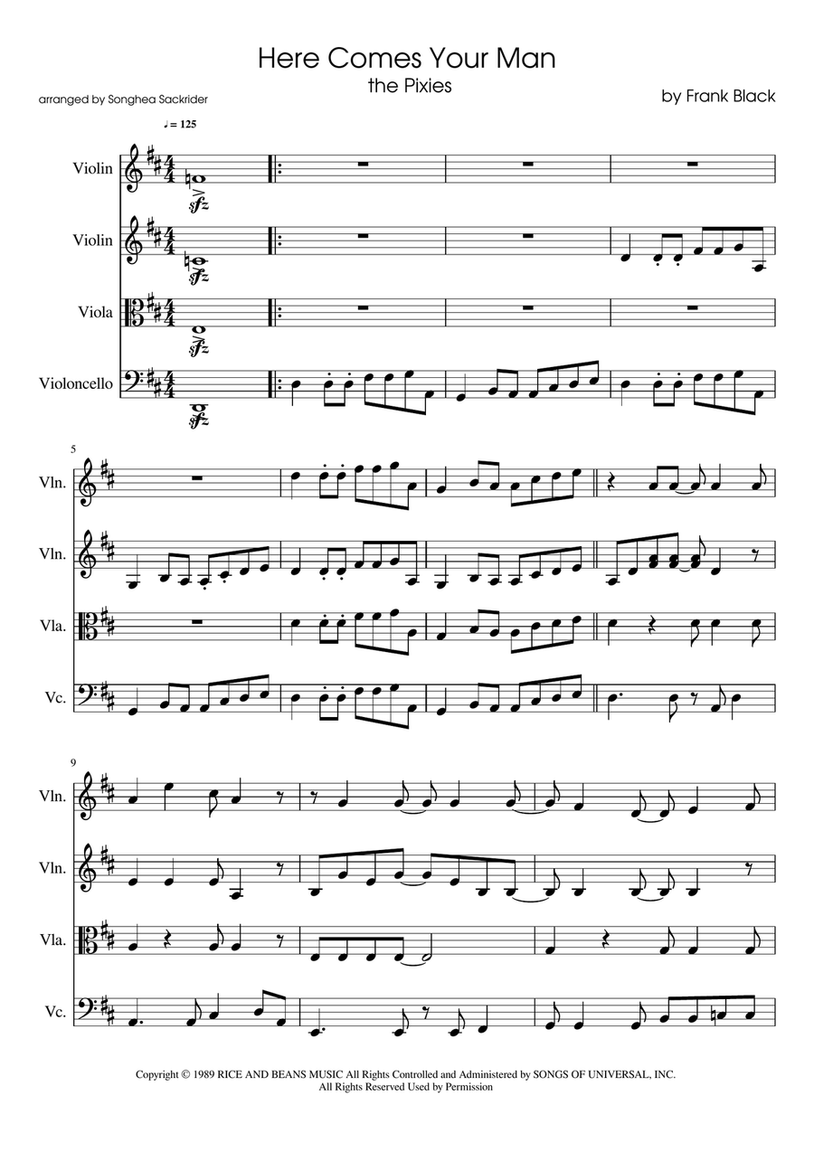 Here Comes Your Man String Quartet scores gallery preview page 1