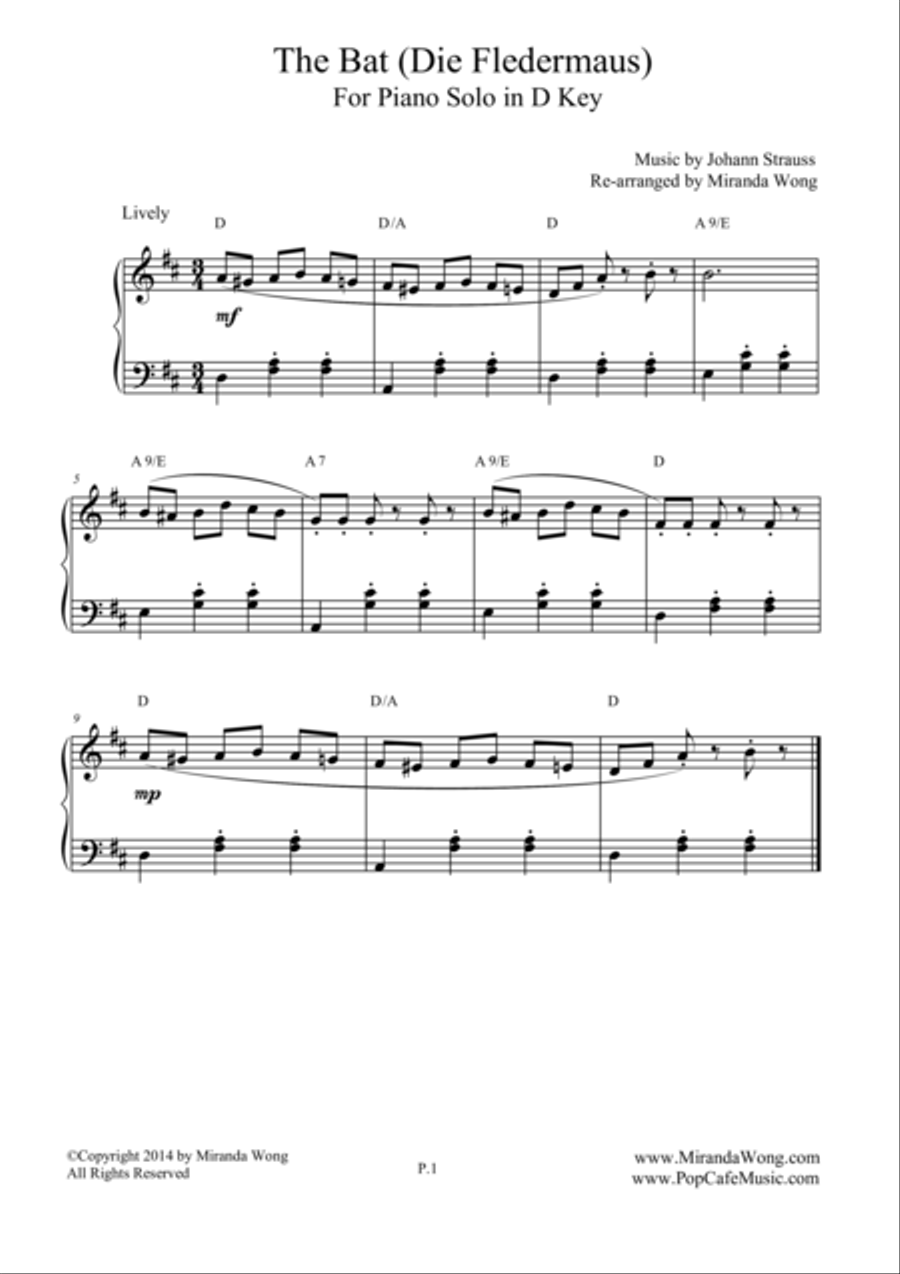 The Bat (Die Fledermaus) - Lovely Piano Music in D Key by Johann Strauss Jr. 4-Part - Digital Sheet Music