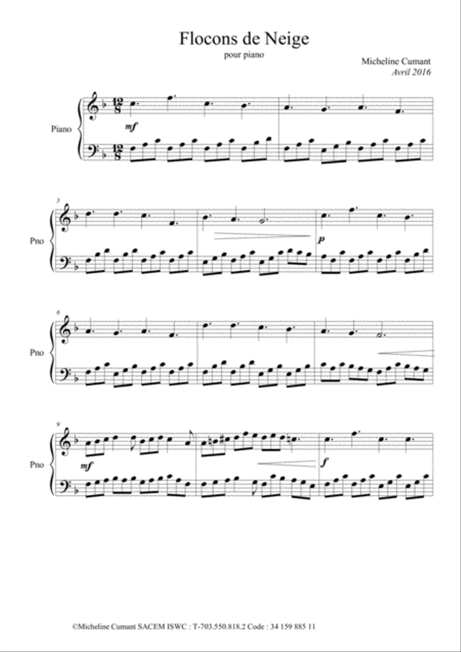 Cumant Micheline : Flocons de neige Piano Solo scores gallery preview page 1