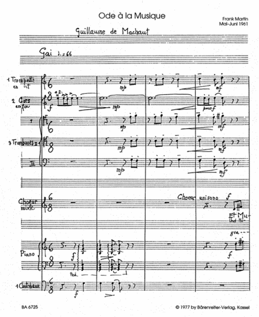 Ode a la Musique fur Bariton, vierstimmigen gemischten Chor, Trompete, zwei Horner, drei Posaunen, Klavier und Kontra