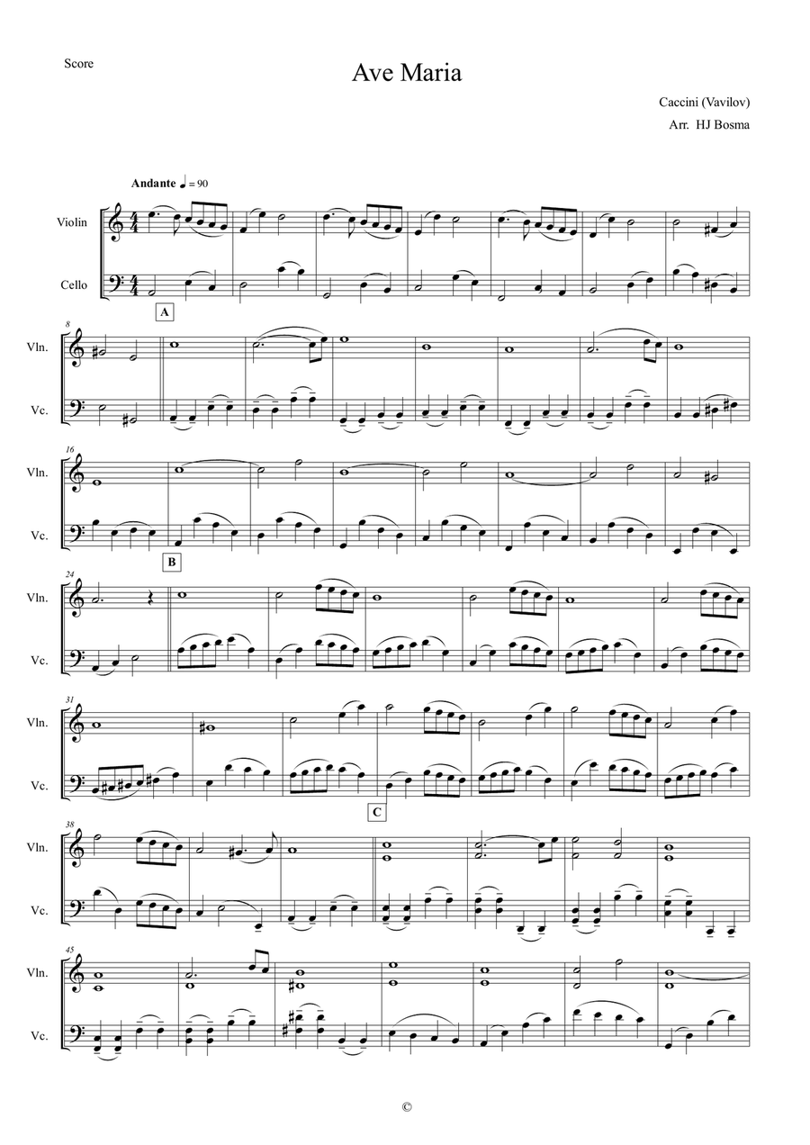Ave Maria (Caccini) for Violin and Cello String Duet scores gallery preview page 1