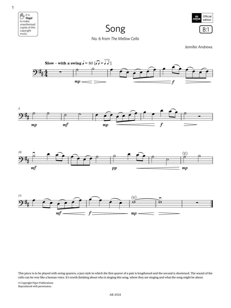 Song (Grade 1, B1, from the ABRSM Cello Syllabus from 2024) Cello Solo scores gallery preview page 1
