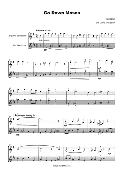 Go Down Moses, Gospel Song for Soprano and Alto Saxophone Duet