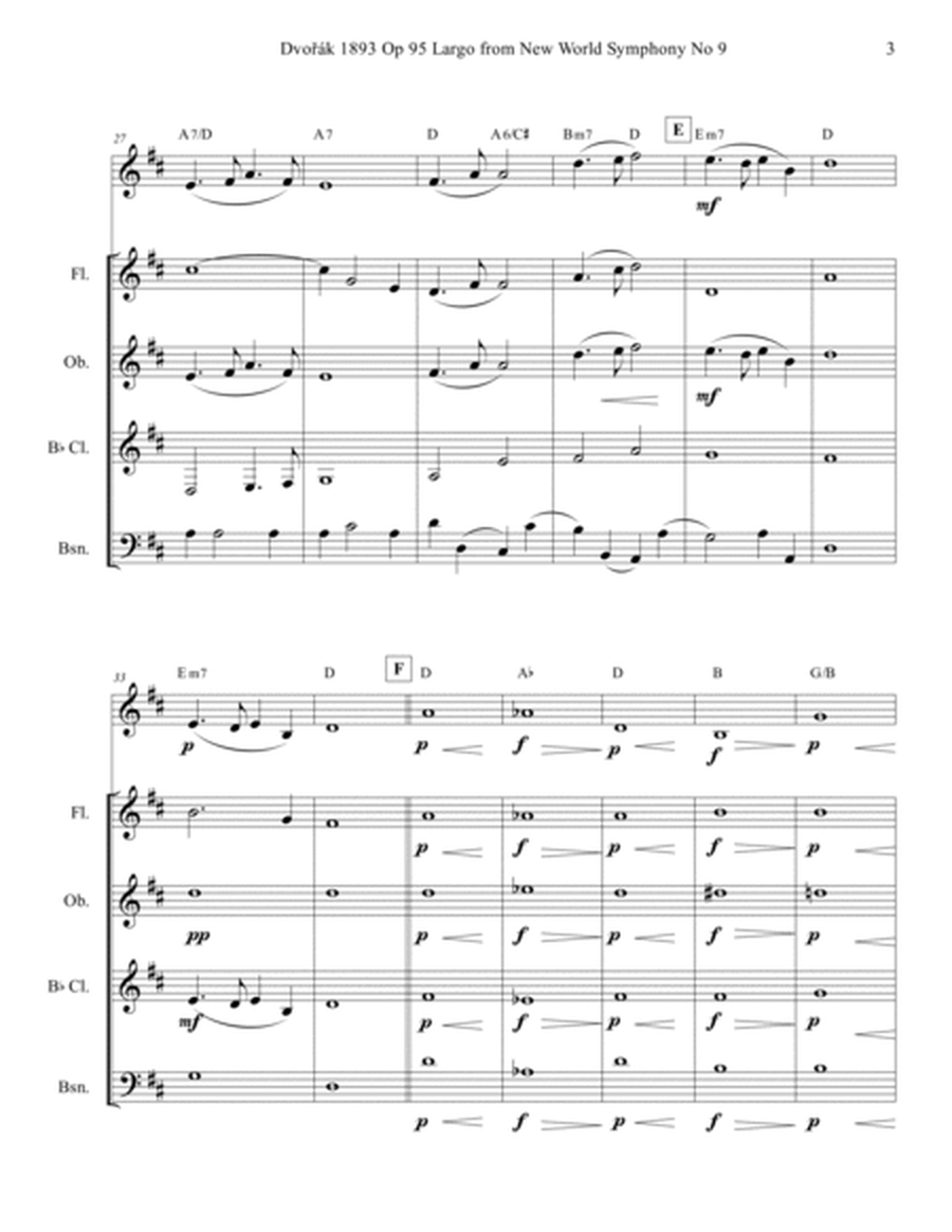 Dvorak 9 Largo Score Parts Leadsheet for Mixed Woodwind Quartet