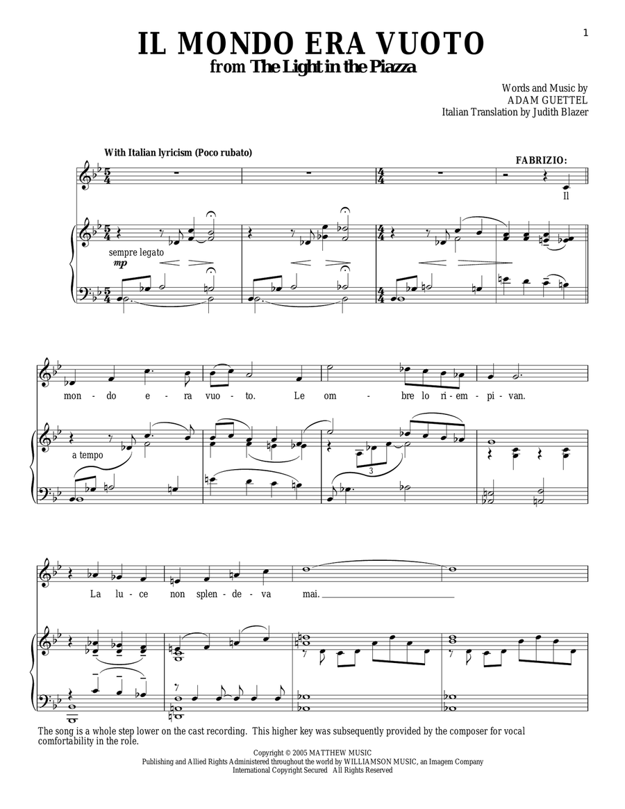 Il Mondo Era Vuoto (from The Light In The Piazza) Piano, Vocal scores gallery preview page 1