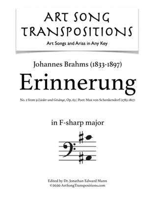 Book cover for BRAHMS: Erinnerung, Op. 63 no. 2 (transposed to F-sharp major, bass clef)