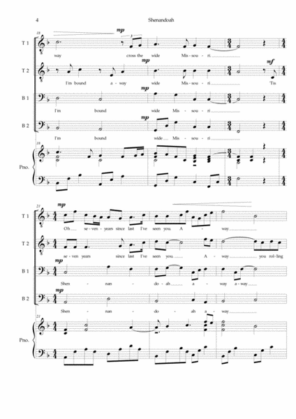 Shenandoah (inspired by Keith Jarrett) - Arrangement for men's choir (TTBB) and piano accompaniment image number null