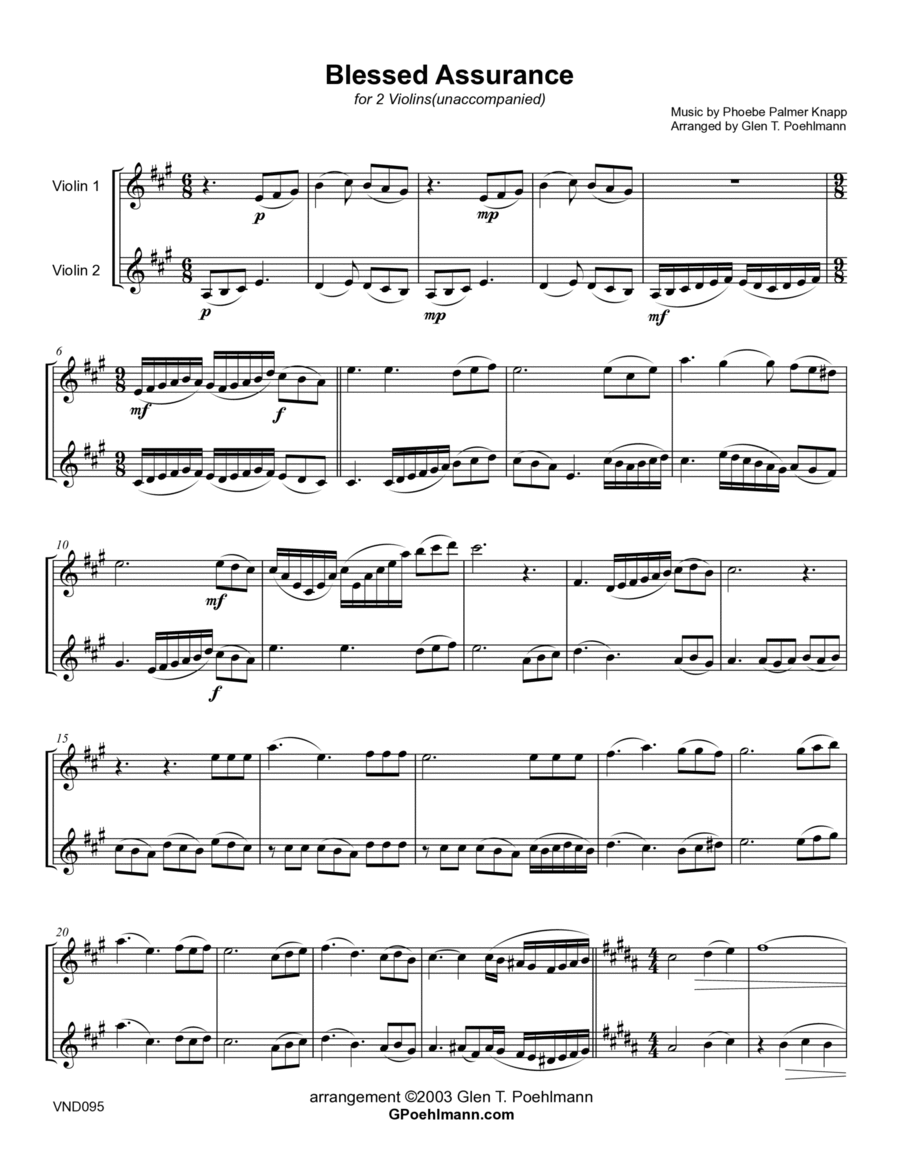 BLESSED ASSURANCE - VIOLIN DUET (unaccompanied) - Grade 4+ String Duet scores gallery preview page 1