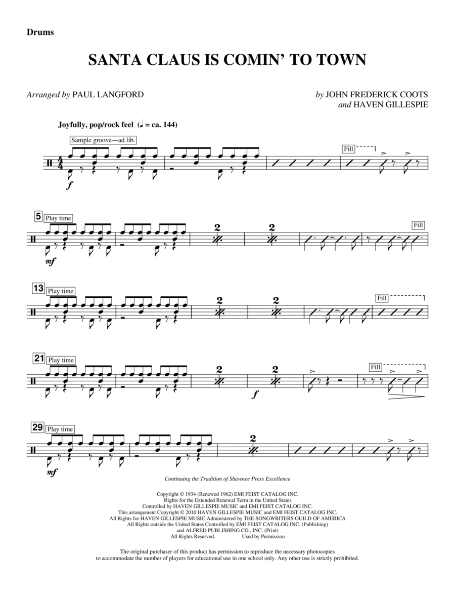 Santa Claus Is Comin' To Town - Drum Set Choir scores gallery preview page 1