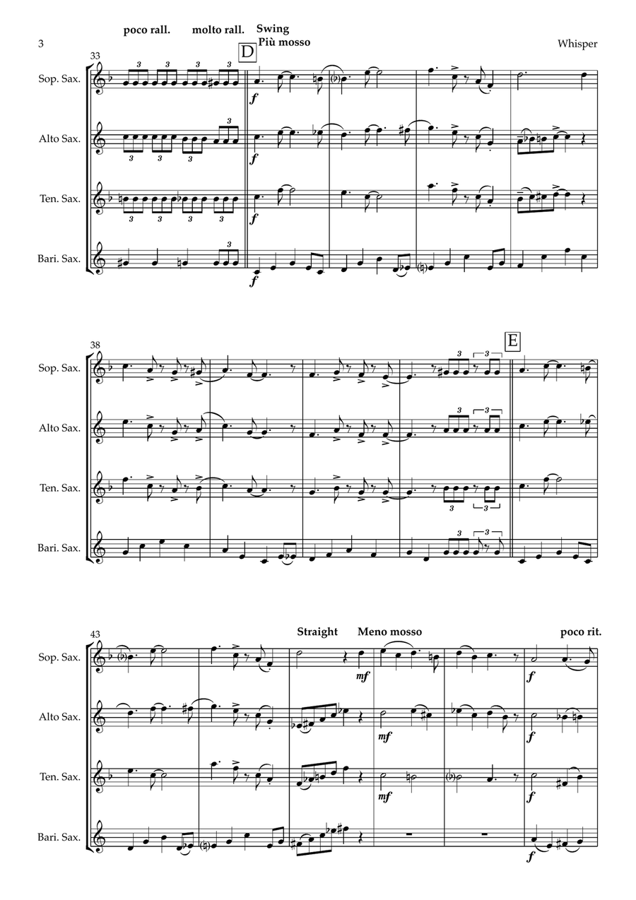Whisper - The Sensitive Man from The Cat Suite (saxophone quartet - SATB) Saxophone Quartet scores gallery preview page 3