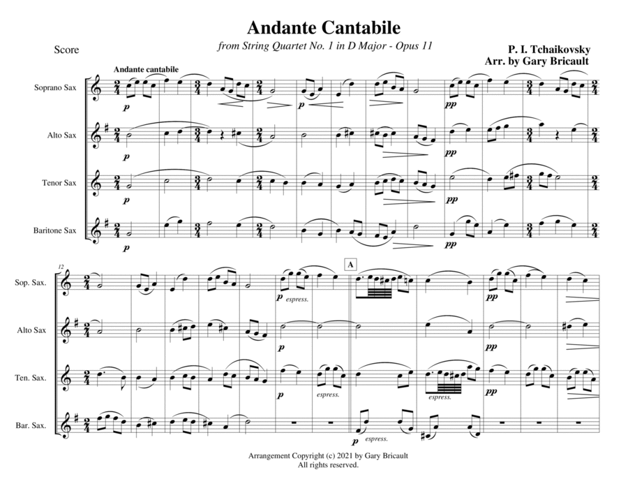 Andante Cantabile from String Quartet No. 1 Woodwind Ensemble scores gallery preview page 1