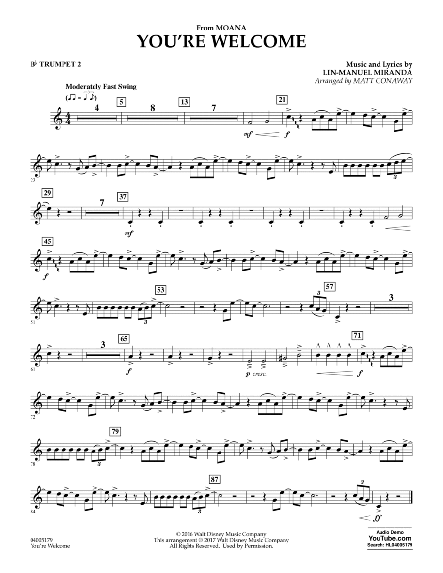 You're Welcome (from Moana) (arr. Matt Conaway) - Bb Trumpet 2