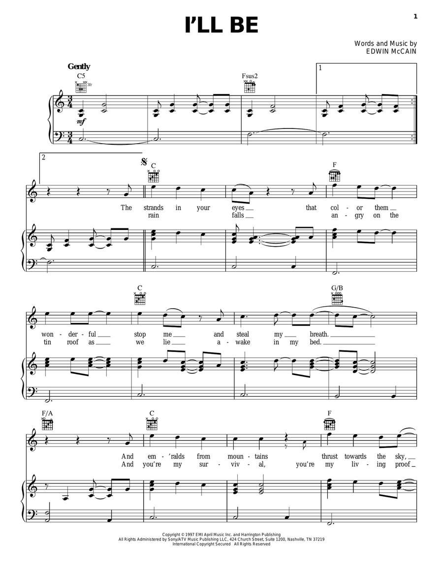 I'll Be Piano, Vocal, Guitar scores gallery preview page 1