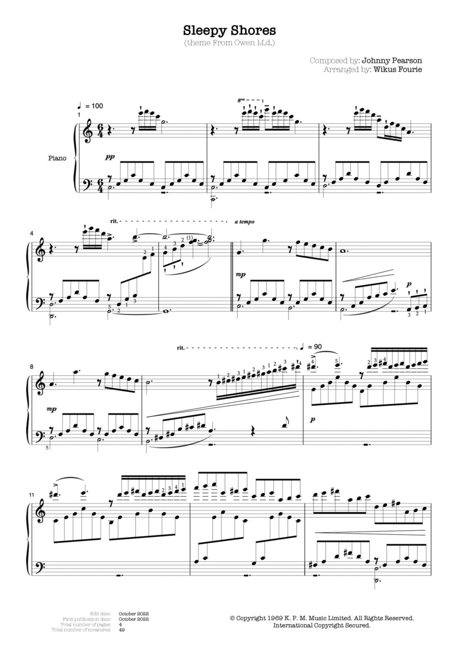 Sleepy Shores (theme From Owen M.d.) Piano Solo scores gallery preview page 1