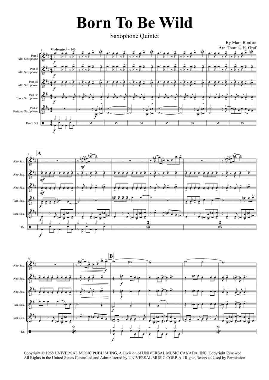 Born To Be Wild Saxophone Quintet scores gallery preview page 1