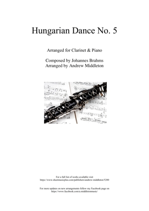 Hungarian Dance No. 5 in G Minor arranged for Clarinet and Piano