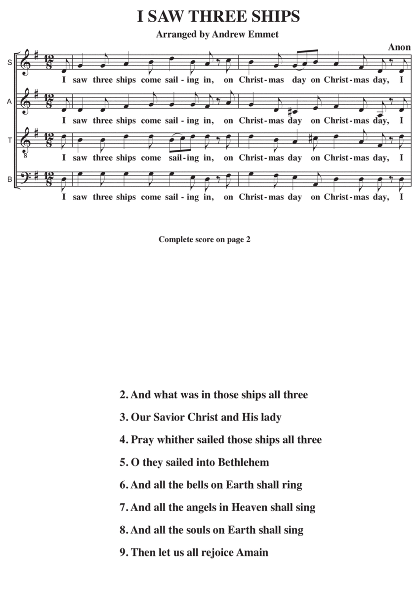 I Saw Three Ships A Cappella SATB image number null